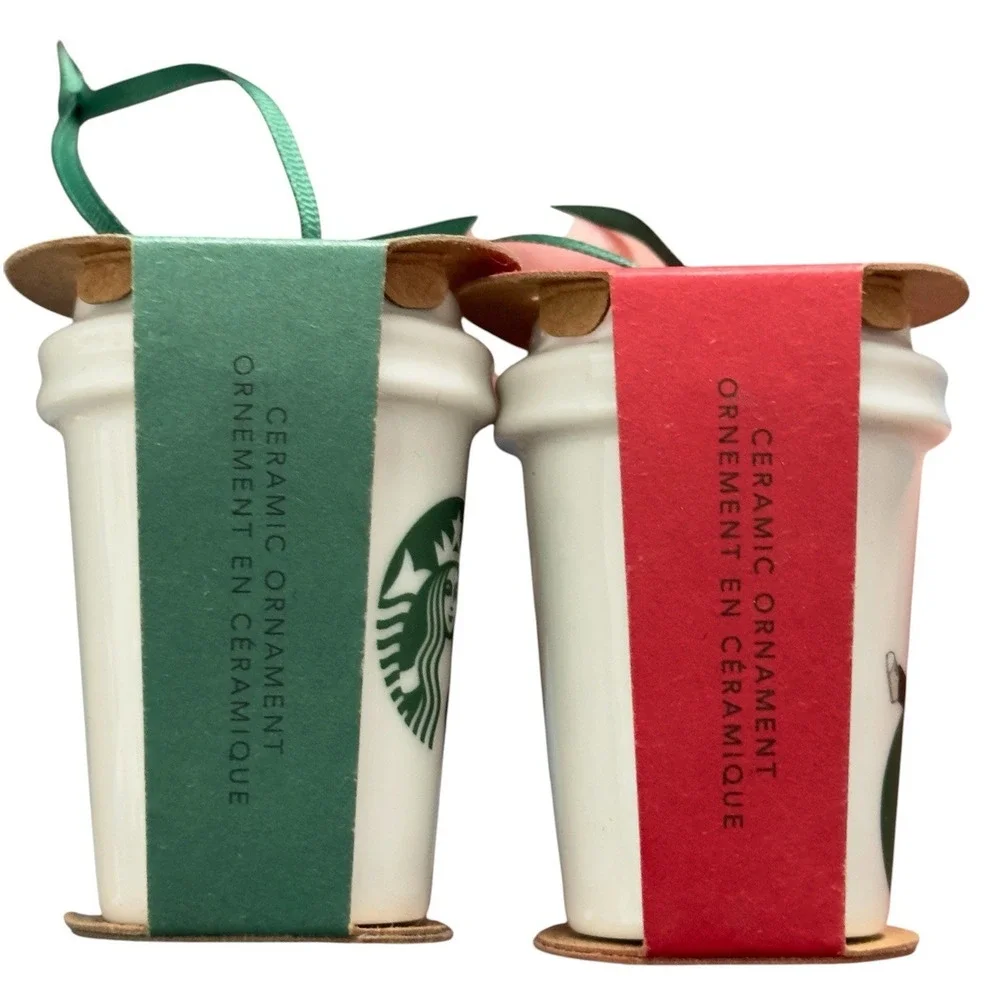 Starbucks Boy w Balloon & White Cup‎ Ornament Lot of 2